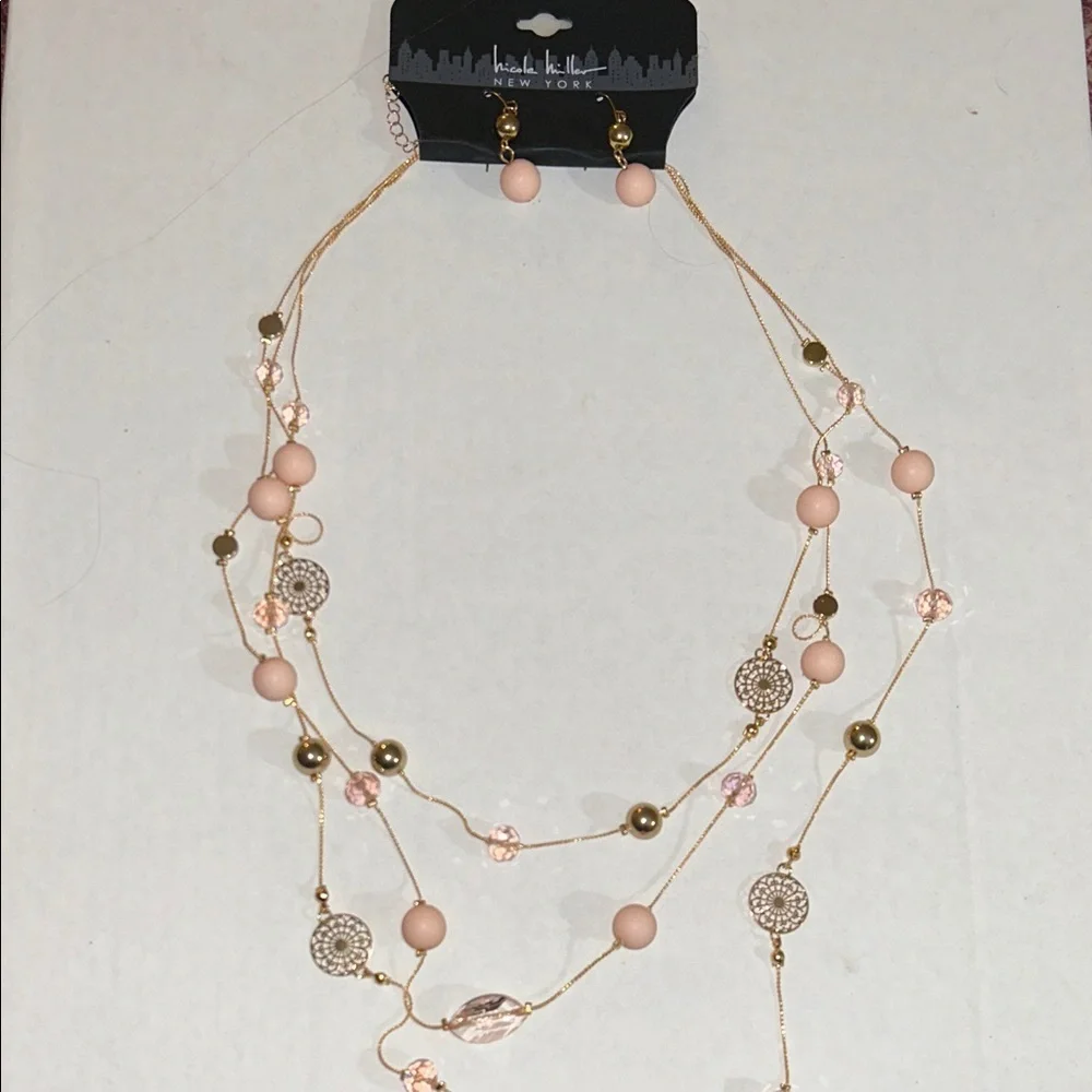 NWT Nicole Miller Three strand embellished long necklace & drop earrings set